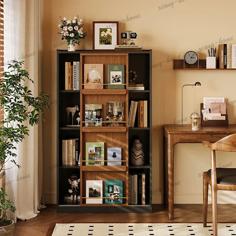 LSMulti-layer Storage Bookshelf Sliding Door Retro Solid Wood Bookcases European Living Room Furniture Nordic Home Display Cabin