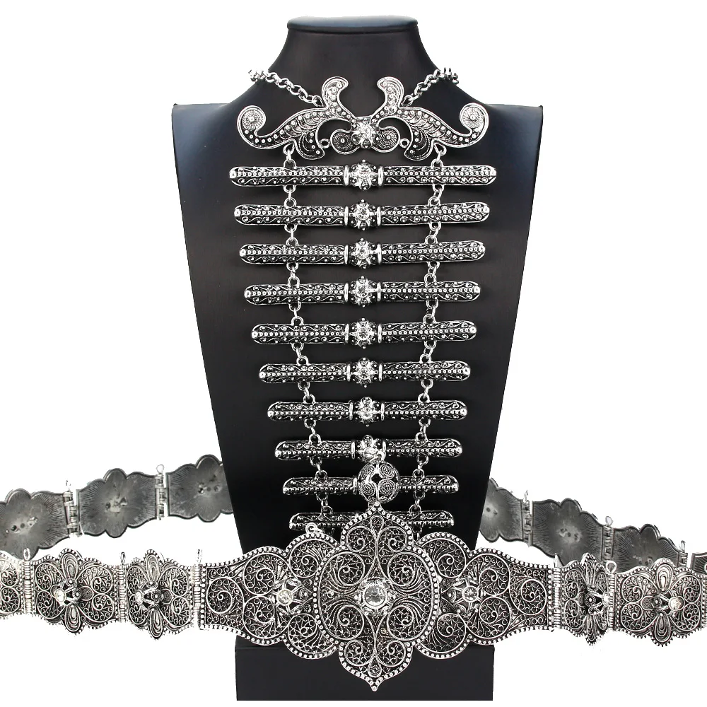 مجموعة ألواح صدرية بحزام قوقازي أنيقة مجوهرات زفاف العروس التركية لون ذهبي عتيق حزام لؤلؤ كريستالي أحمر وأخضر #2