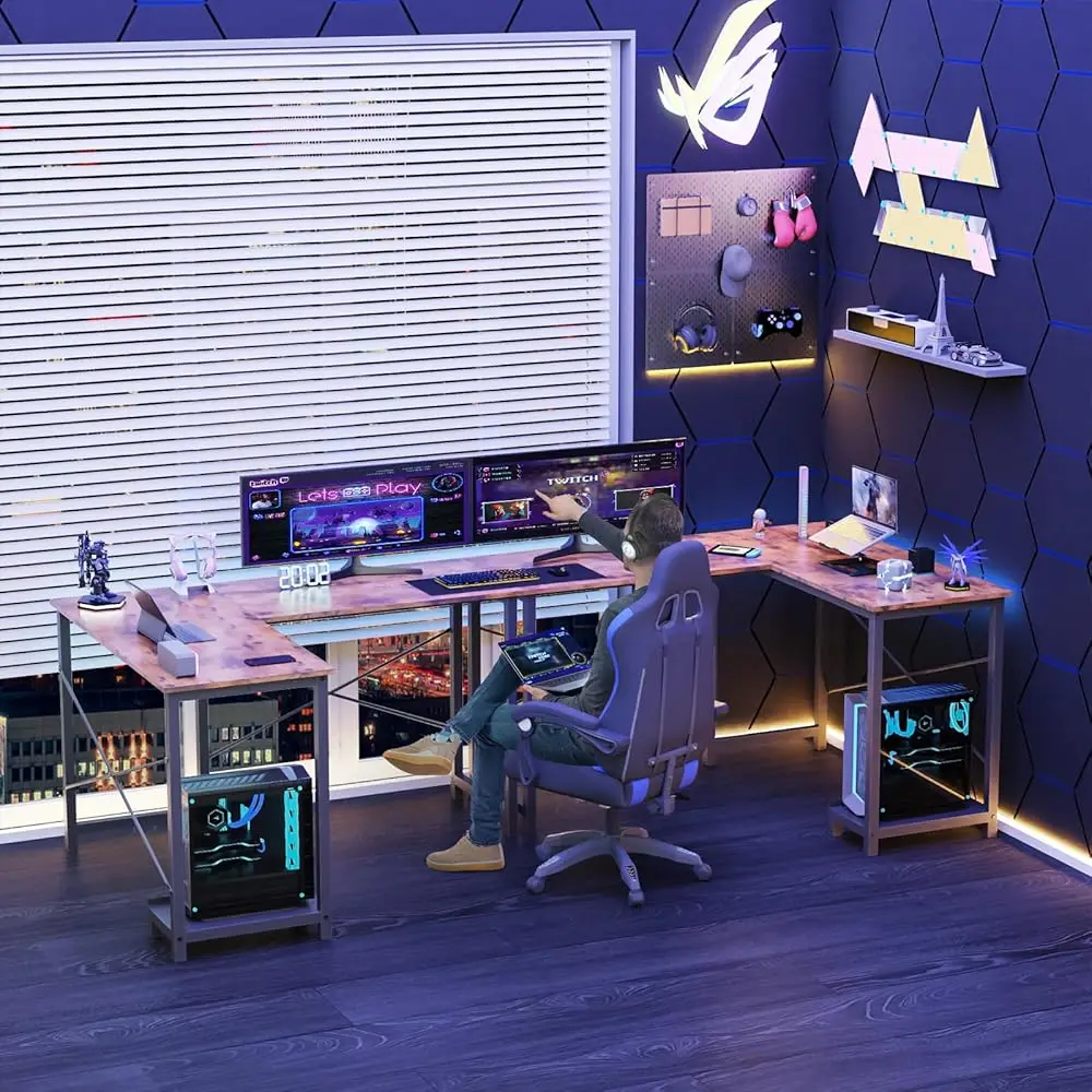 L Shaped Computer Desk Wood Corner Pc Gaming Table With Side Storage Bag For Home Office Small Spaces