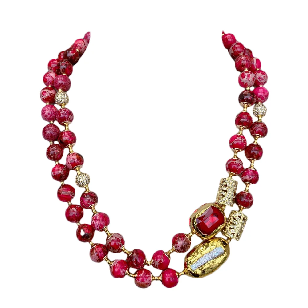 YYGEM 10mm Round 2 Strands Fuchsia Sea Sediment Jasper Necklace Red Jade White Biwa Pearl Bead Choker Jewelry
