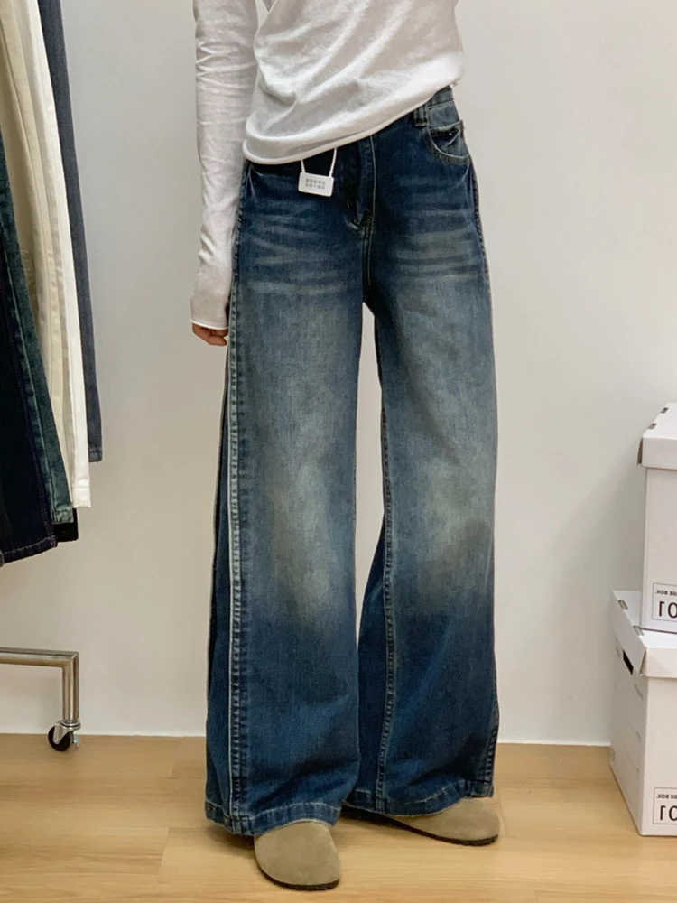 

Ретро-синие джинсы свободного кроя с широкими штанинами, женские, осенне-зимние, новые, повседневные, удобные, с высокой талией...