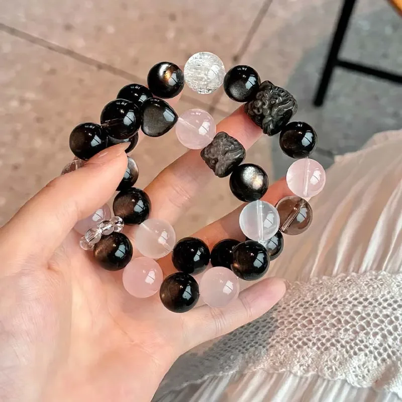 Natural silver obsidian powder crystal couple bracelet stable emotional transfer lion beading design sense white crystal