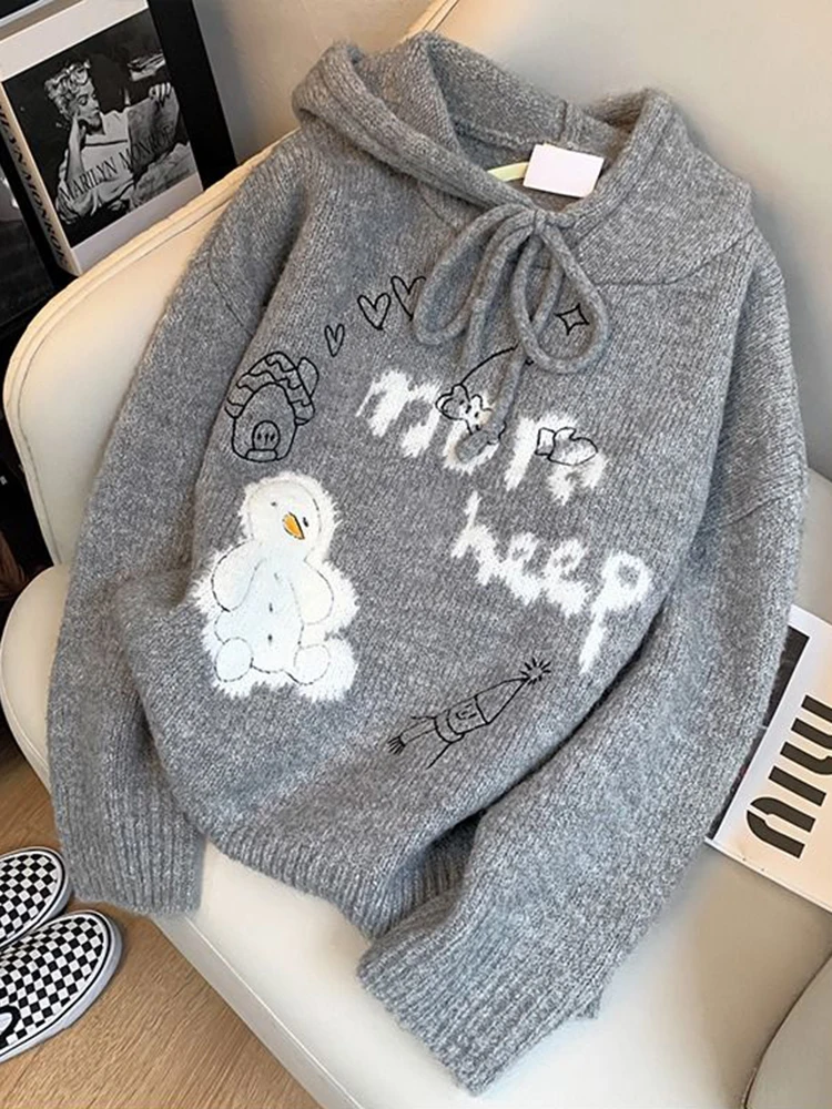 Zoki Cute Snowman Sweaters Women Lazy Wind Gray Knitted Hooded Coat Japan Kawaii Long Sleeve Female Casual Letter Jacket Tops