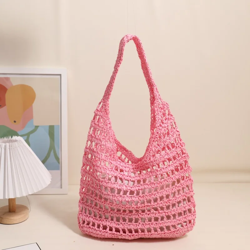 Hollow Straw Tote Paper Rope Women Shoulder Bag Designer Woven Beach Bag Candy Color Handbags and Purses Bohemian Rattan Bags