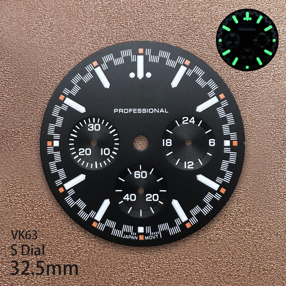 32.5mm S 로고 매트 다이얼 VK63 무브먼트에 적합 녹색 Lminous Sunray 품질 시계 수정 액세서리