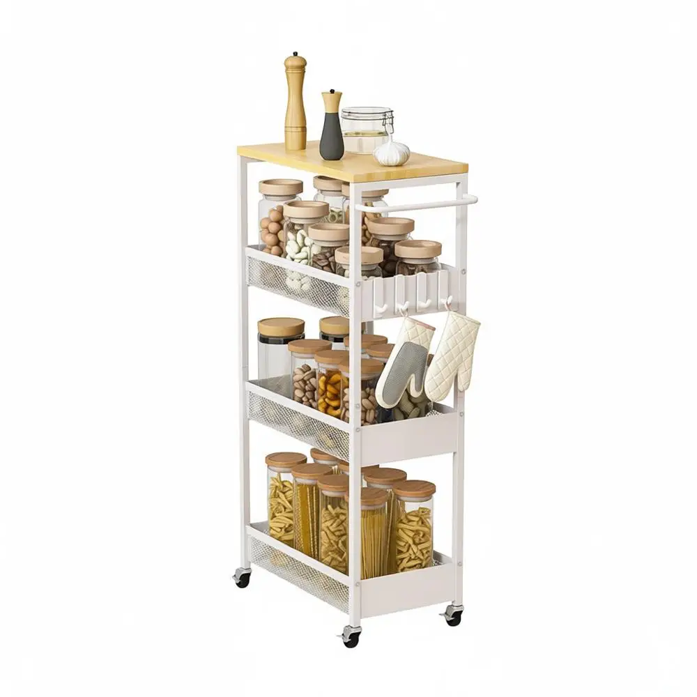 

4-Tier Metal Utility Cart with Wooden Top, Multifunctional Mobile Storage for Laundry, Kitchen, and Bathroom