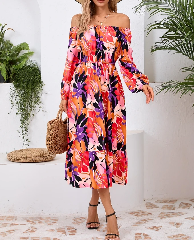 

Women's Dress 2024 New Long Sleeved Printed Skirt Slim Fit Elegance Medium Length Dress One Line Neck Lantern Sleeve Dress