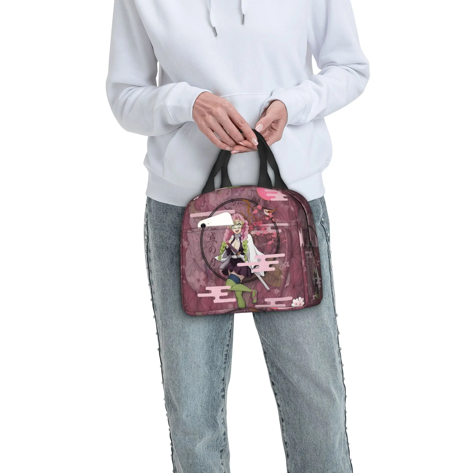 Custom Comic Kanroji Mitsuri Insulated Lunch Tote Bag for Women Demon S-Slayer Portable Thermal Cooler Bento Box School view 5