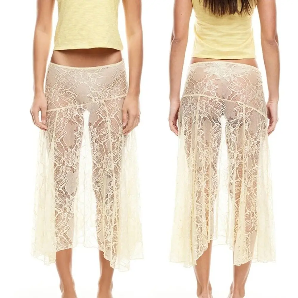 Solid Color Lace Beach Dress See-Through Design Elastic Waist Midi Skirts Low Waist Floral Lace Skirts Women Summer Beachwear