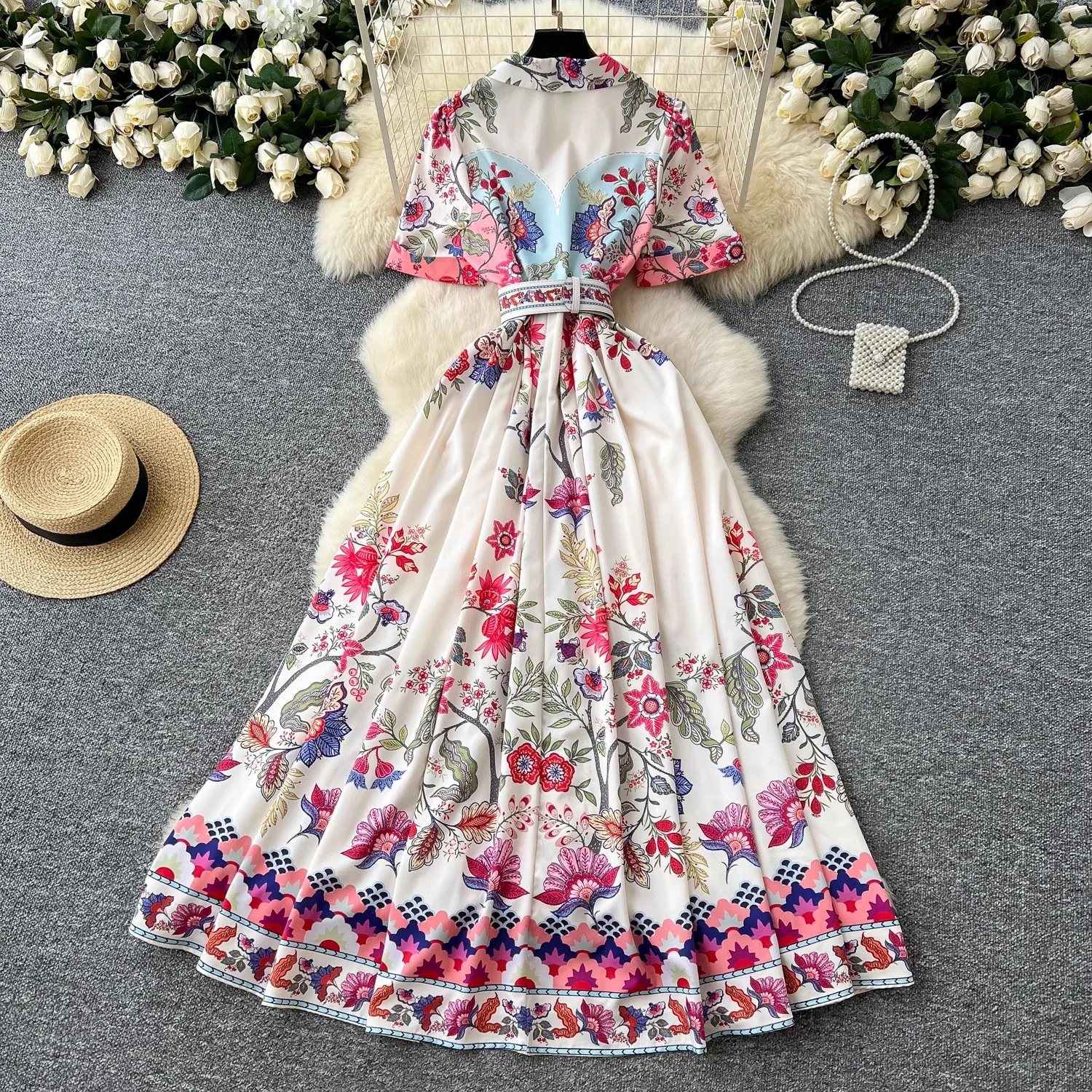 Vacanza estiva Fiore Boho Abito da donna Manica corta Cintura dentellata A-Line Beach Party Vestido Perle Bottoni Abiti maxi