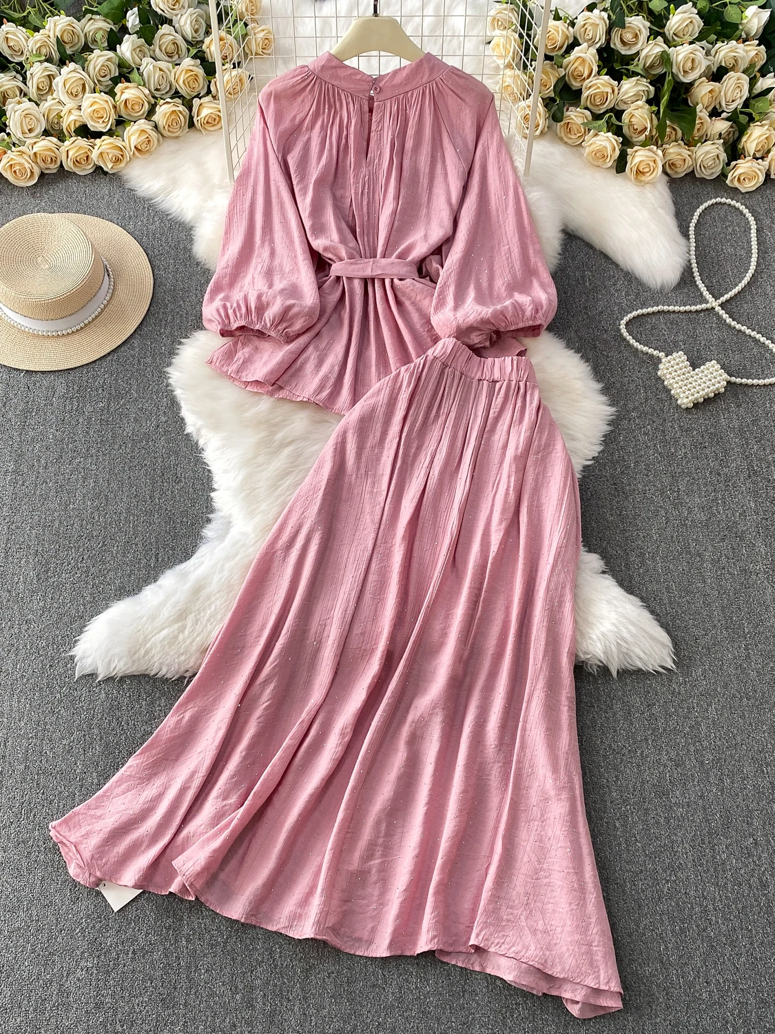 SuperAen الوردي ثلاثي الأبعاد زهرة س الرقبة الخصر الماس الأعلى الصيف عالية الخصر ألف خط تنورة طويلة قطعتين مجموعات