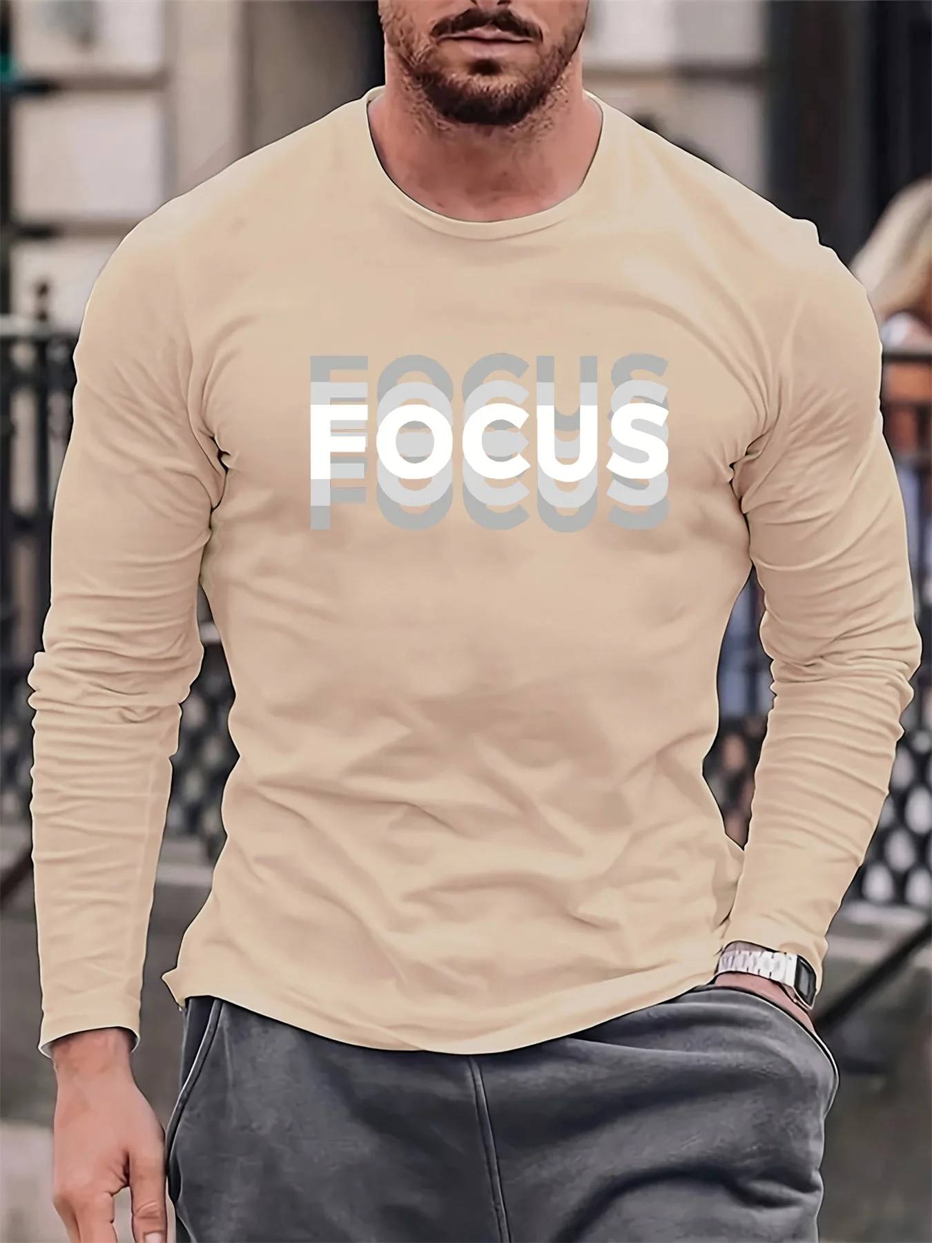 100% Pure Cotton Men's Long Sleeved Round Neck Loose Casual FOCUS Letter Printed Spring and Autumn Versatile T-Shirt Top