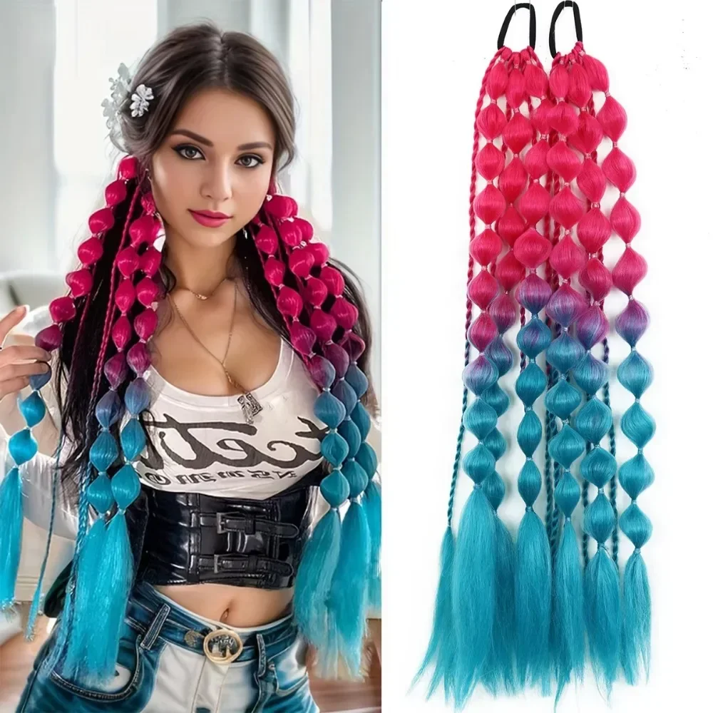 Mode femmes enfants bulle queue de cheval Extension Extensions de cheveux colorés à la main tressé Ombre fou cheveux jour accessoires