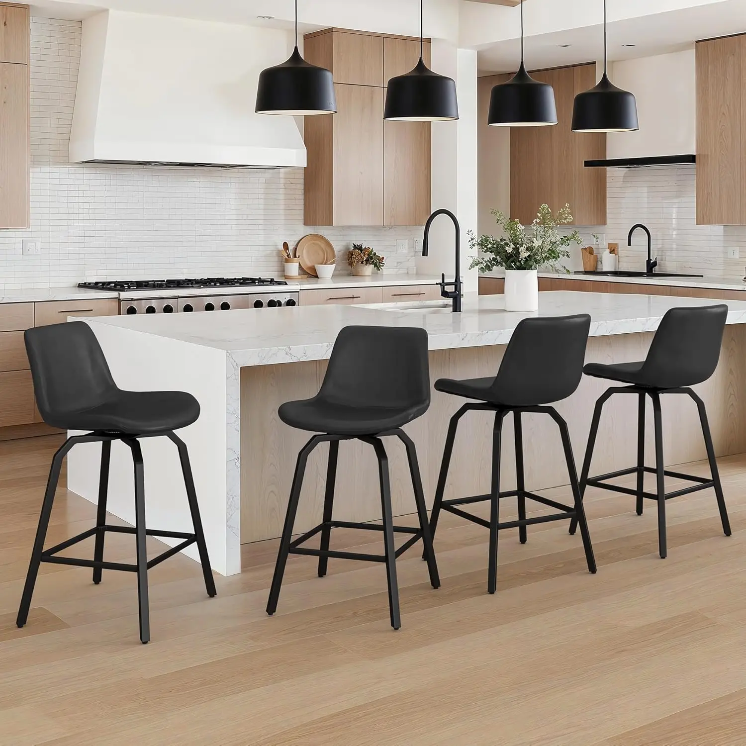 

4-Piece 26' Counter Stools, Modern Black Faux Leather, Swivel Seats, Metal Frame for Kitchen Island, Dining Area