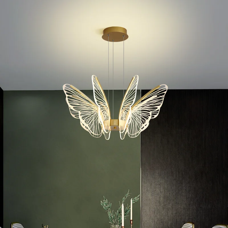 

Nordic Simple Modern Butterfly Living Room LED Pendant Lamp Bedroom Kitchen Creative Golden Transparent Acrylic Wing Chandelier