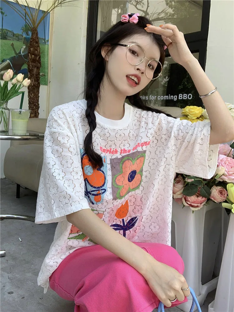 Fashion New Summer Women T-shirt Tops Ladies Lace Floral Printed Woman Oversized Loose Tees Casual Crop Sun Tops Tees