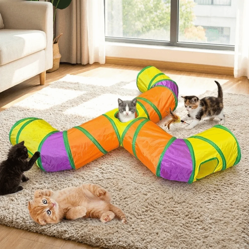 Funny Three-Way Folding Cat Tunnel Breathable Interactive Pet Play Tunnel Multi Hole with Ball Pet Playing Tube Hideaway