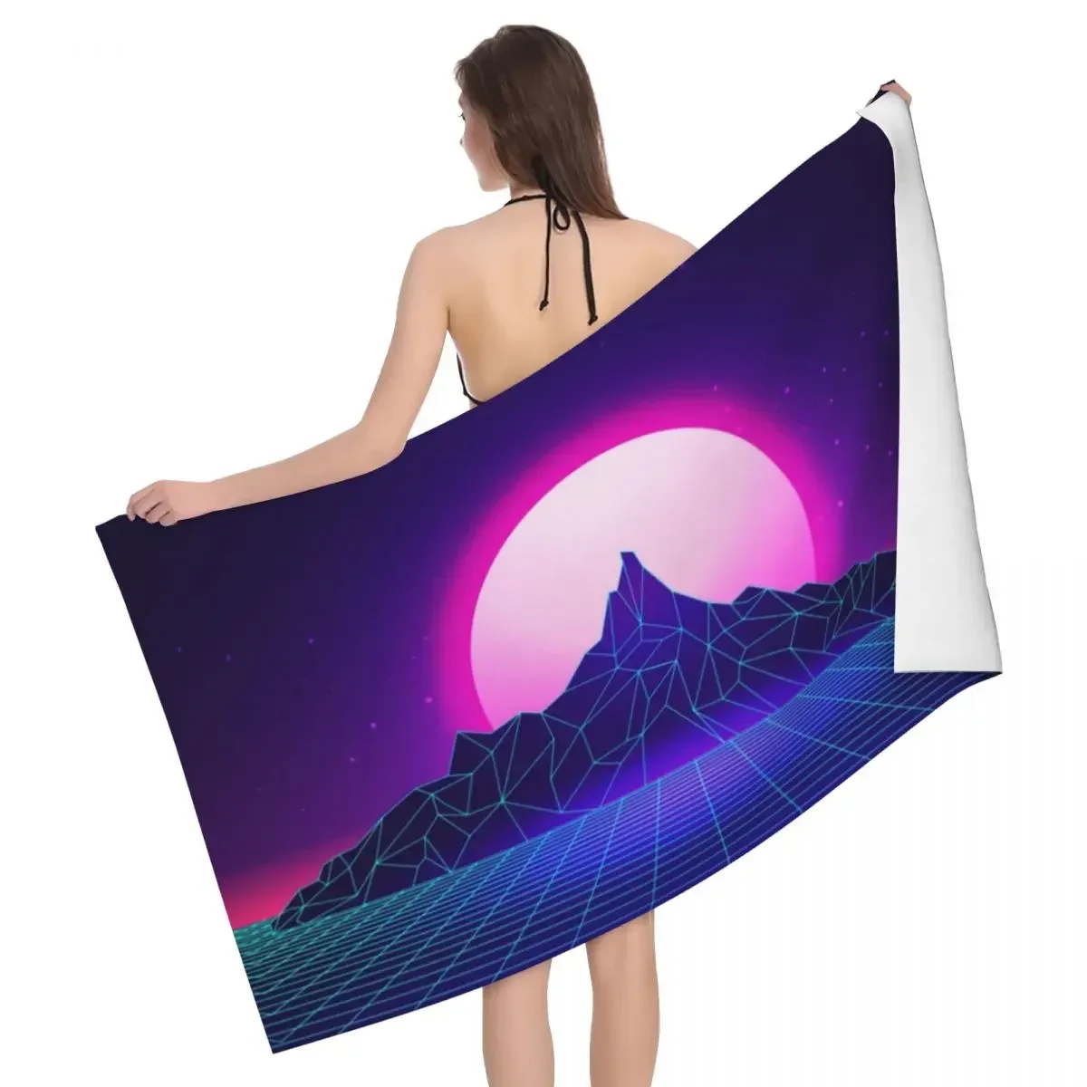 Customized Retro Vaporwave Mountain Beach Towel Quick Drying 80s Synthwave Aesthetic Super Soft Microfiber Bathroom Sauna Towels