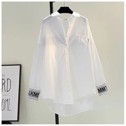 Women's Shirts Fashion Letter Splicing White Tops Mid-length Shirt Coat Thread Casual Blouse Spring Autumn Trend Top Y2k Clothes