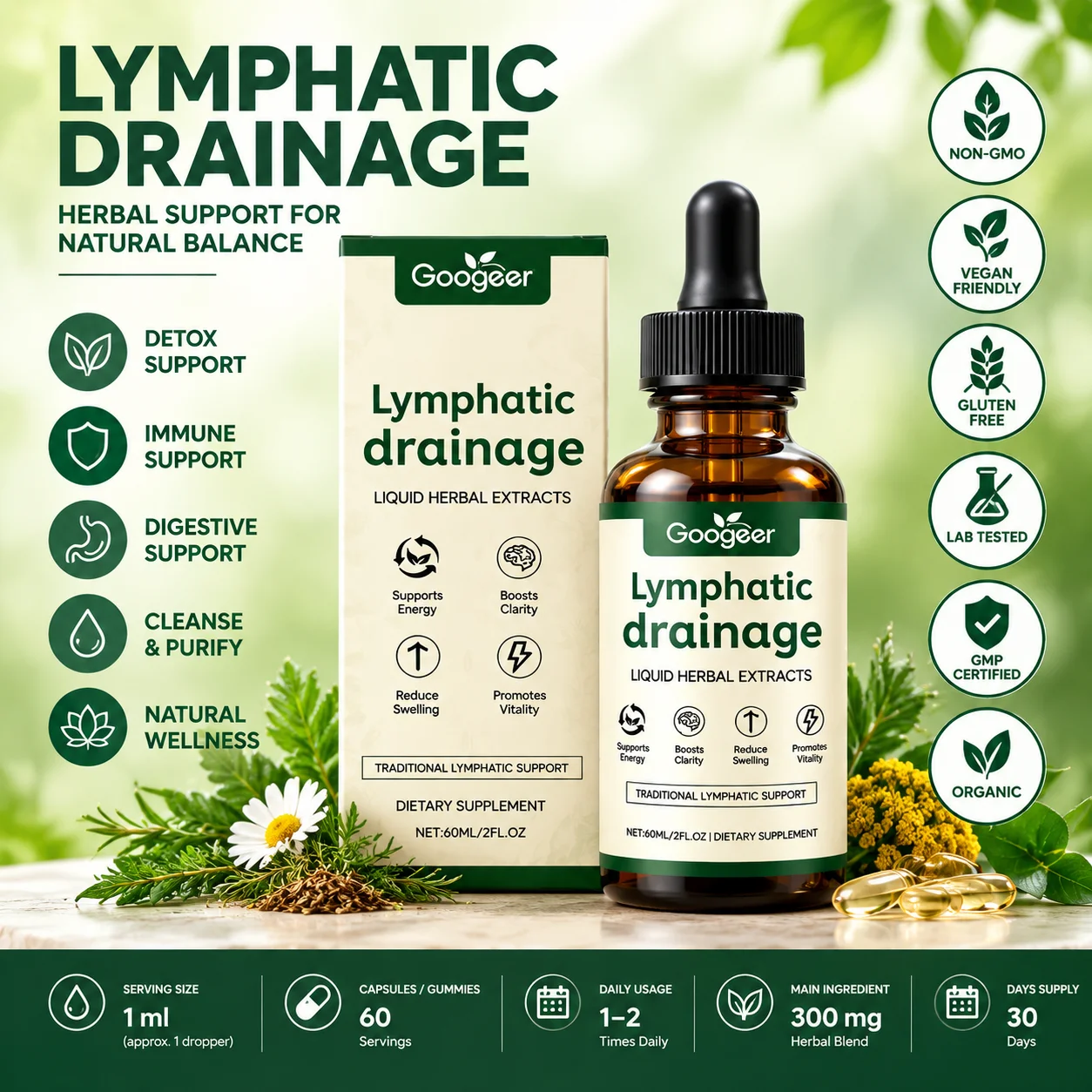 Lymphatic Drainage Liquid Herbal Extract Drops Cleavers Red Clover Proprietary Blend for Lymphatic Immune Vitality Support, 60ml