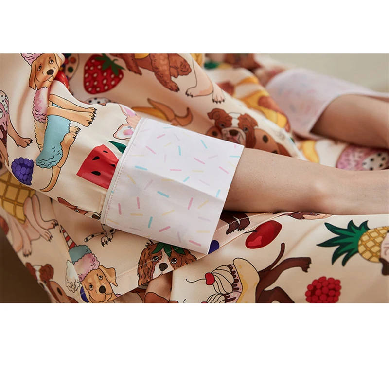 Spring 2024 Women\'s Pajamas Set Silk Like Dachshund Desserts Print Two Pieces Long Sleeve Full Length Trousers Sleepwear 39926