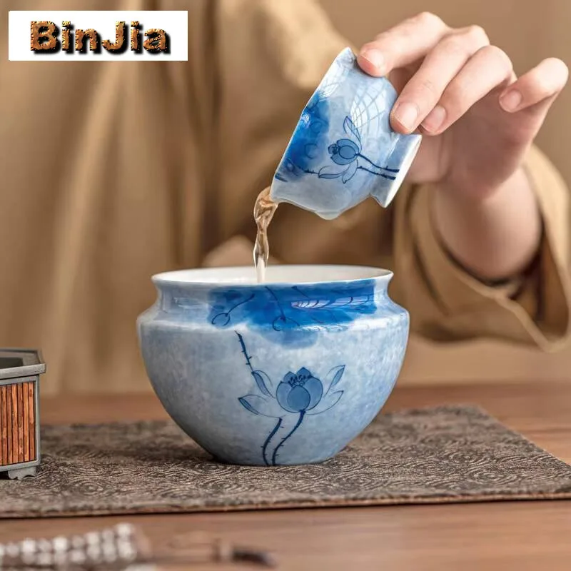 

350Ml Hand-Painted Blue Lotus Jianshui Elegant Tea Washing Basin Writing-Brush Washer Household Chaxi Cha Accessories Ornaments
