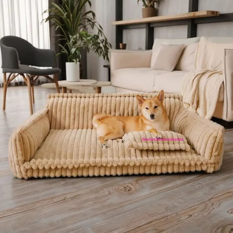 

Luxury fashion striped imitation lamb double layer orthopedic dog cat sofa bed soft rectangular plush material winter factory