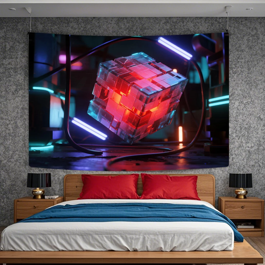 

Custom Tapestry Print Your Photo Floating 3D Cubes Neon Light Effects Cyberpunk Style Personalized Tapestry Room Decoration