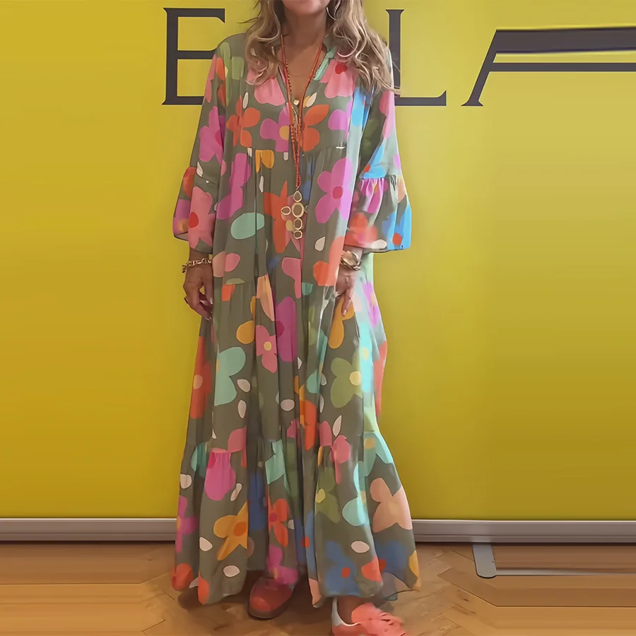 2025 herbst Neue Frauen V-ausschnitt Böhmischen Druck Modische Casual Kleid Frauen Strand Urlaub Stil Lange ärmeln Lose Elegante Kleid