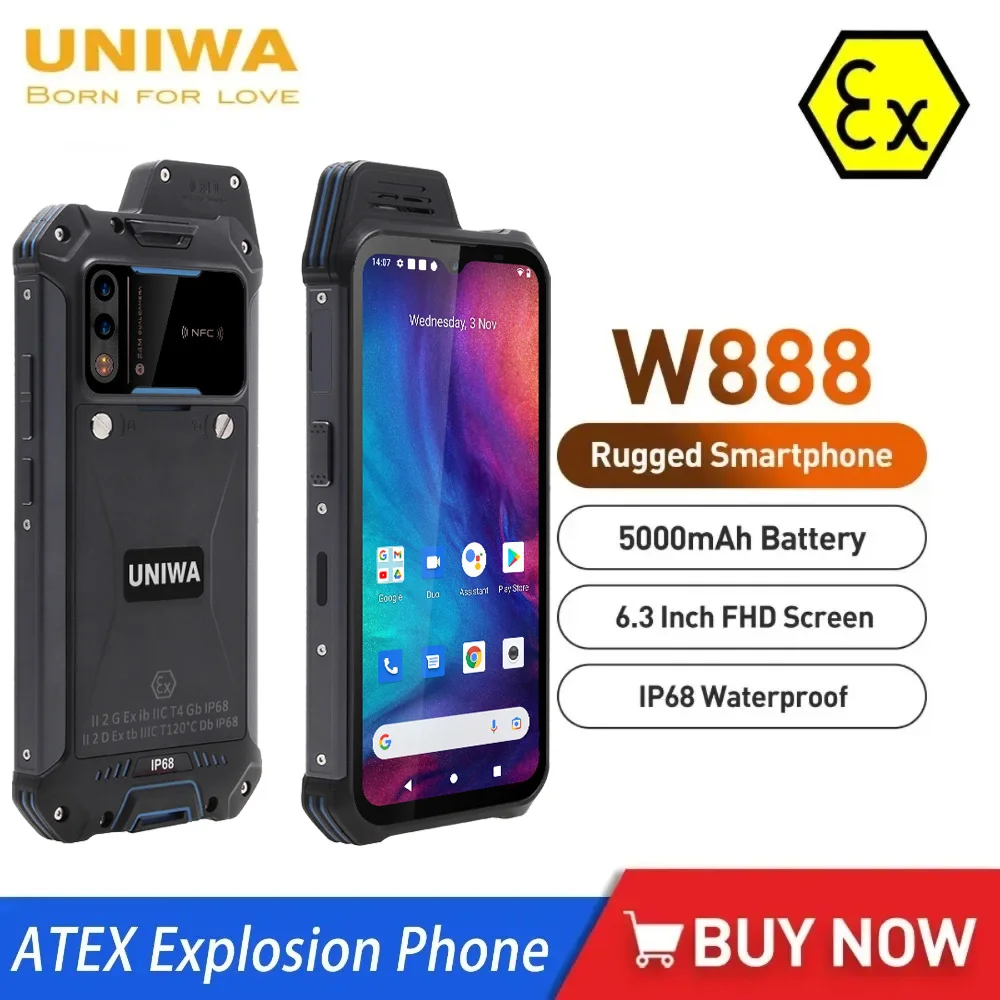 UNIWA W888 MT6765 Helio P35 Octa Core 4GB+64GB ATEX Explosion IP68 Smartphone Andriod11 6.3“ HD Screen  5000mAh NFC Mobile Phone