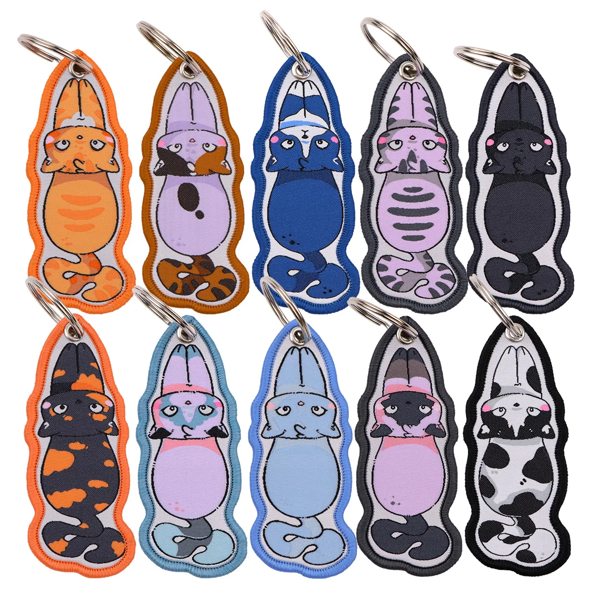 10pcs/set Lying Cats Embroidery Keyring Different Pattern Key Tag For Motorcycles Cars Backpack Fashion Keys Accessories Gifts