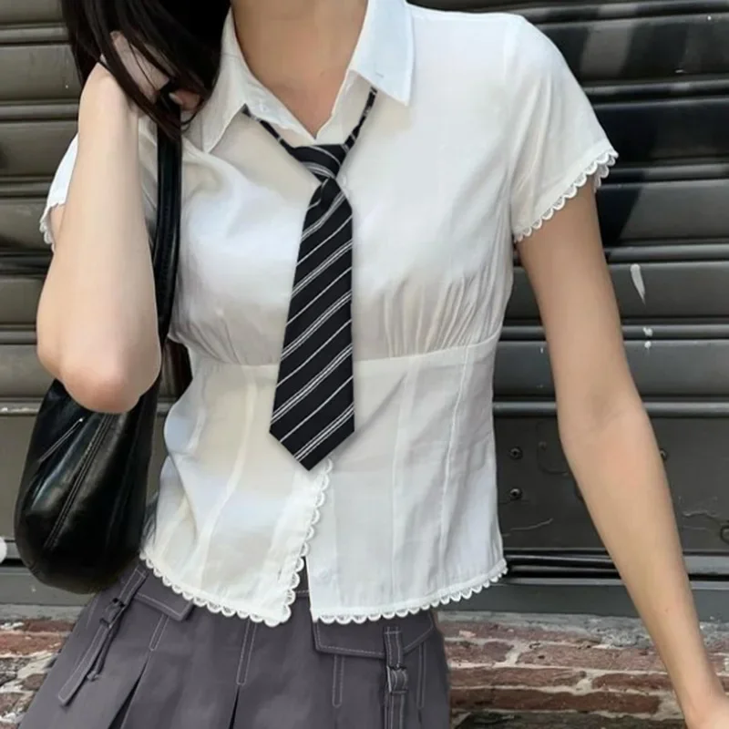 

Prepppy Style Casual Solid Lace Trim Blouse Slim Turn Down Collar Short Sleeve Shirts Women 2024 Summer Fashion Ladies