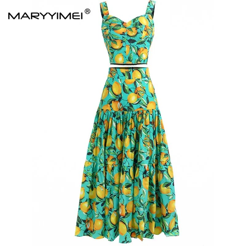 Seifrmann Spring Women's Suit short Small sling Top+Blue and White Porcelain Print Vacation Skirts Holiday Cotton two-piece set