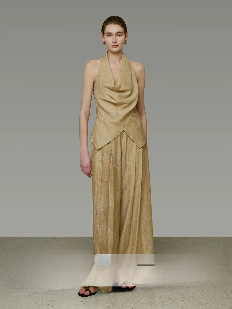 

UNSPOKEN Casual Wide Leg Pants Set Women's Sleeveless Neck Hanging Design Khaki Loose Fit Summer Fashion Outfit Two-Piece Set
