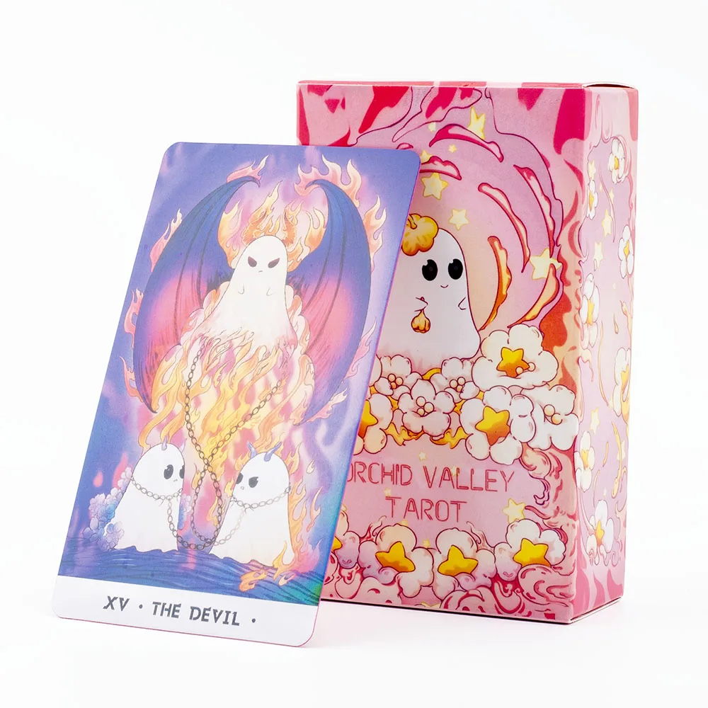 Orchid Valley Tarot 80-Card Cartoon Deck with Guidebook Spiritual Guidance & Moonlit Ghosts Insights Compact Board Game 10.3*6cm