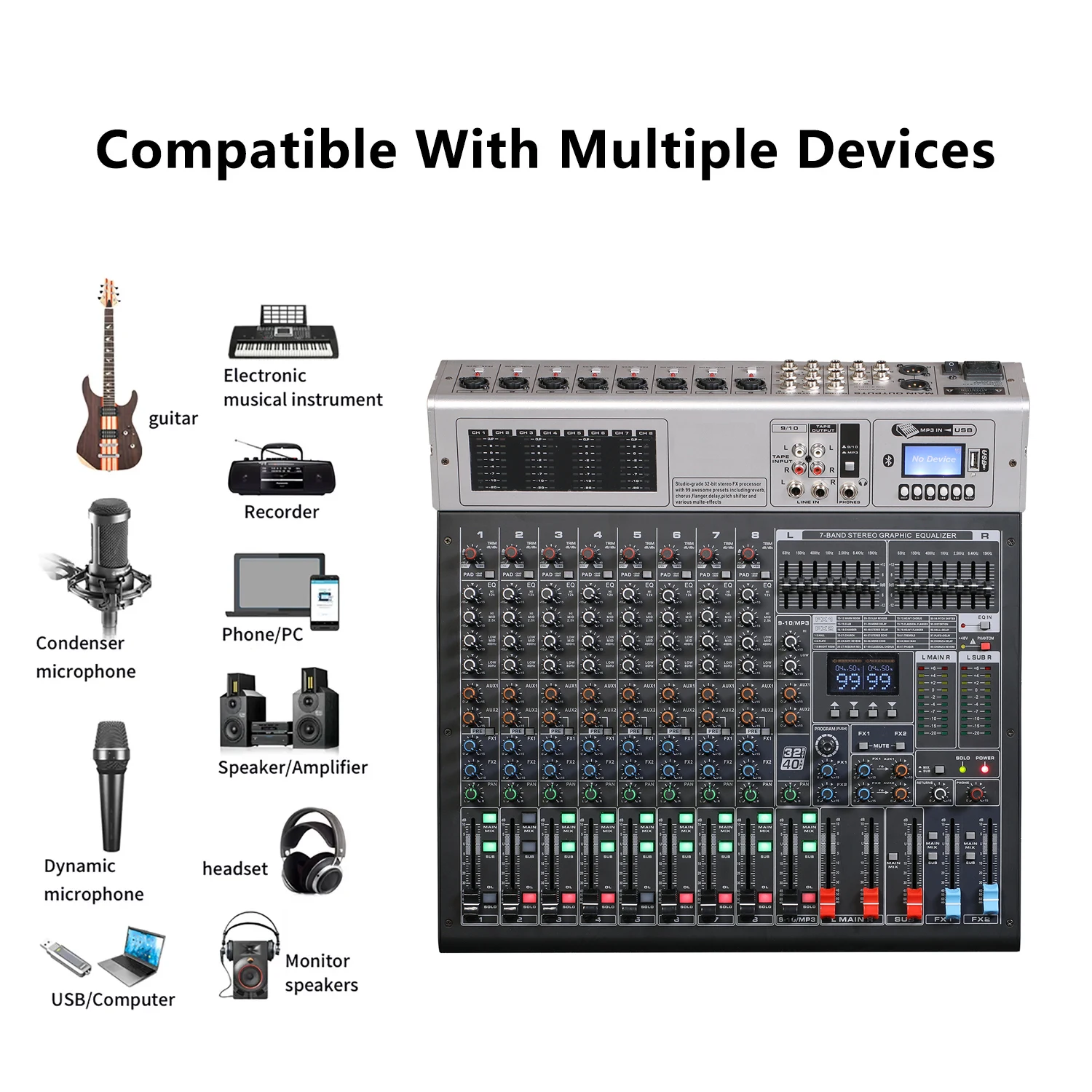 GAX-GBA10 interface de système de bureau de console de conseil sonore de centre commercial audio professionnel avec 10 canaux USB pour la production de podcast de musique