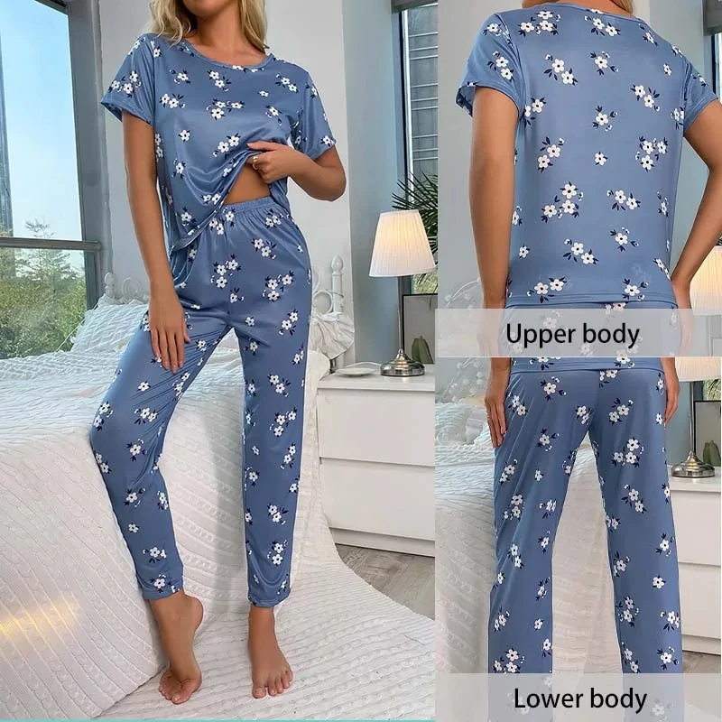 Summer Two-Piece Women\'s Round Neck Printed Short Sleeved Top and Pants Women\'s Cute Home Pajama Set