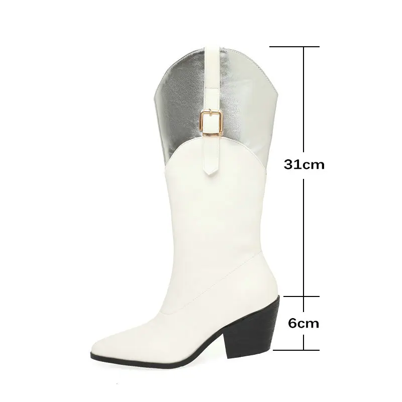 Mixed Colours Western Boots Cowboy Wide Mid Calf Riding Boots Pointed Toe 6cm Heels Shoes 2024 Autumn Winter Cowgirls Footwear