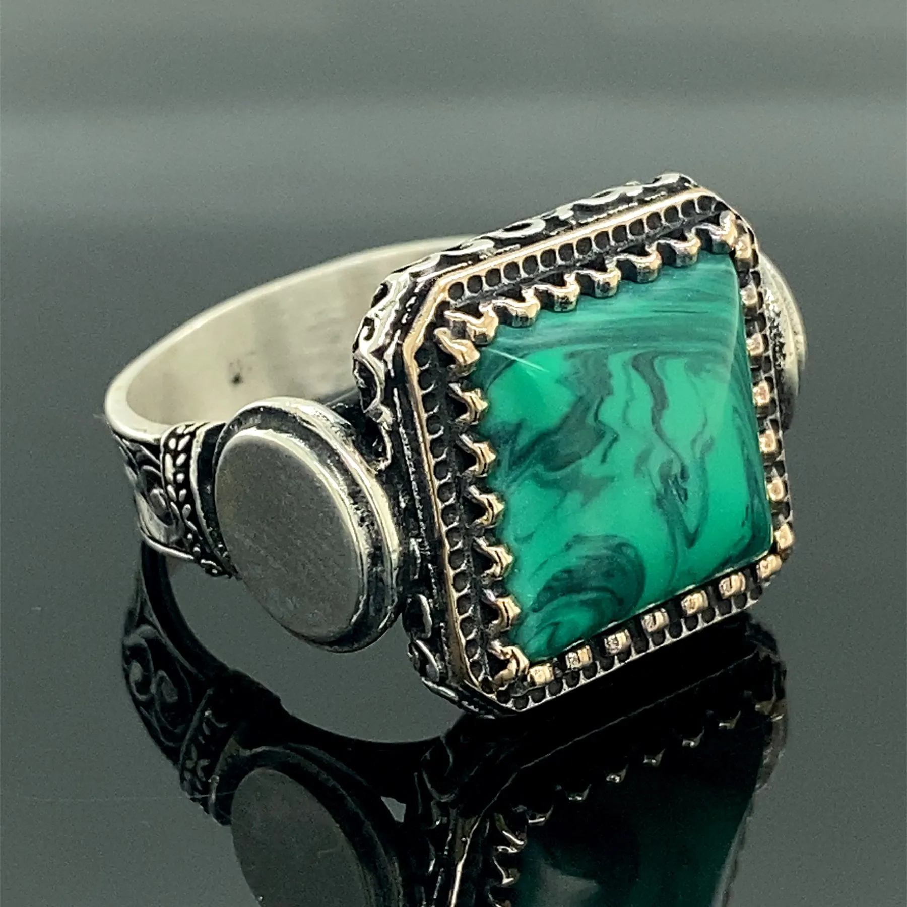 

Gümüş Malakit Taşlı Kare Erkek Yüzük Malachite Gemstone Ring , Silver Malachite Ring , Men Handmade Ring