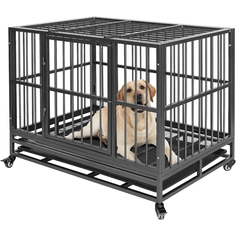 

37" Heavy Duty Dog Kennels Large Indestructible Dog Crate Escape Proof Dog Cage Pet Playpen for Training W/Wheels, Double Doors