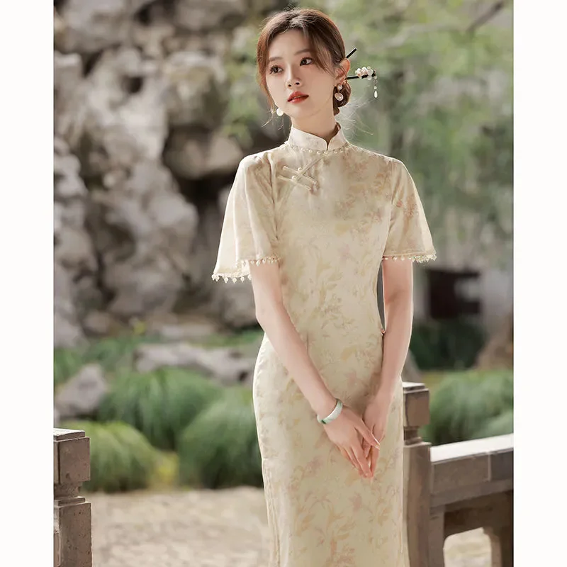 Improved Version Of Cheongsam For Young Girls With Large Inverted Sleeves New Autumn Vintage Republic Of China Style Pearl Dress