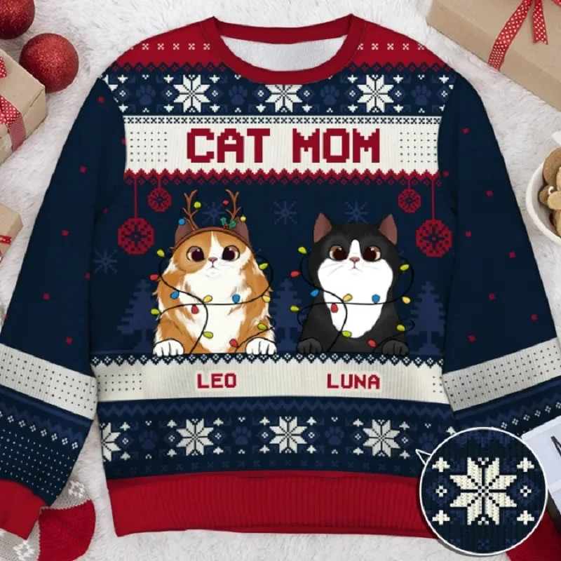 Three Cats Christmas Unisex Ugly Sweater Pullover 3D Printing Men\'s Knitted Apparel Plus Size Sweatshirt Casual Long Sleese