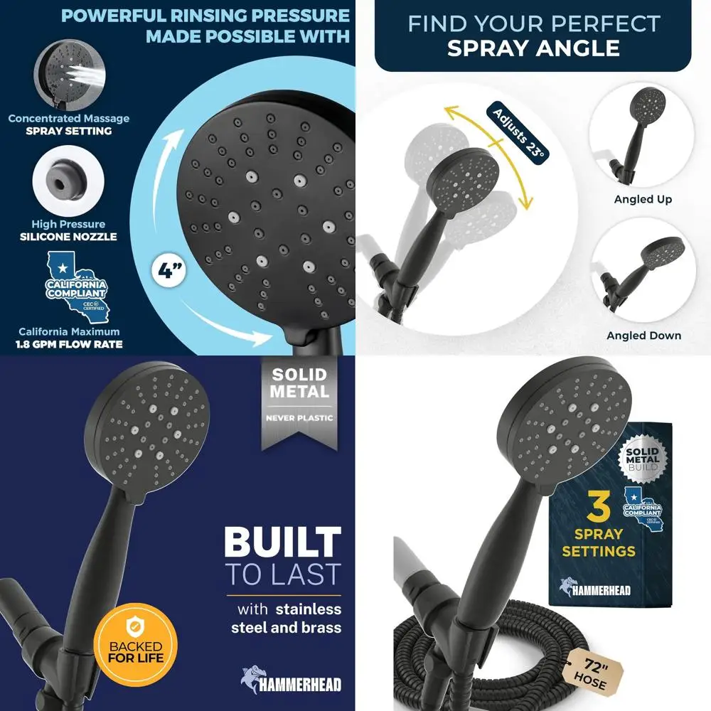 Matte Black 3-Function Handheld Shower with Long Hose - Wide, Massage, Mist Sprays - 1.8 GPM Water-Saving