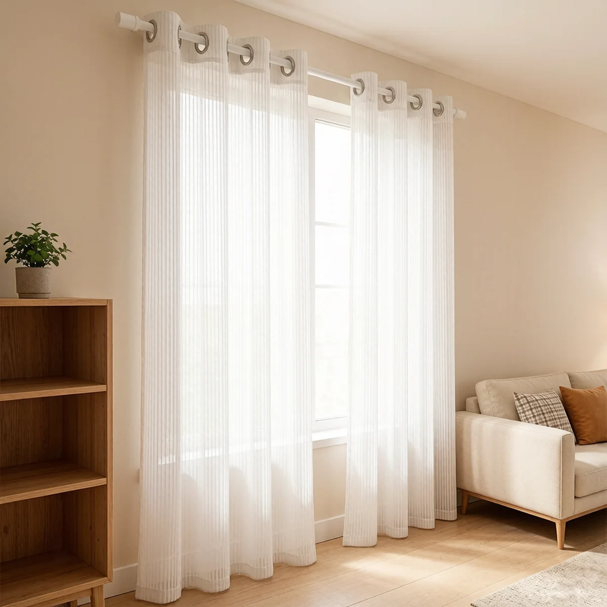 2Pcs Vertical Texture Grommet Sheer Curtains, Nordic Cream Minimalist Style, Light Filtering Window Drapes for Living Room Bedro