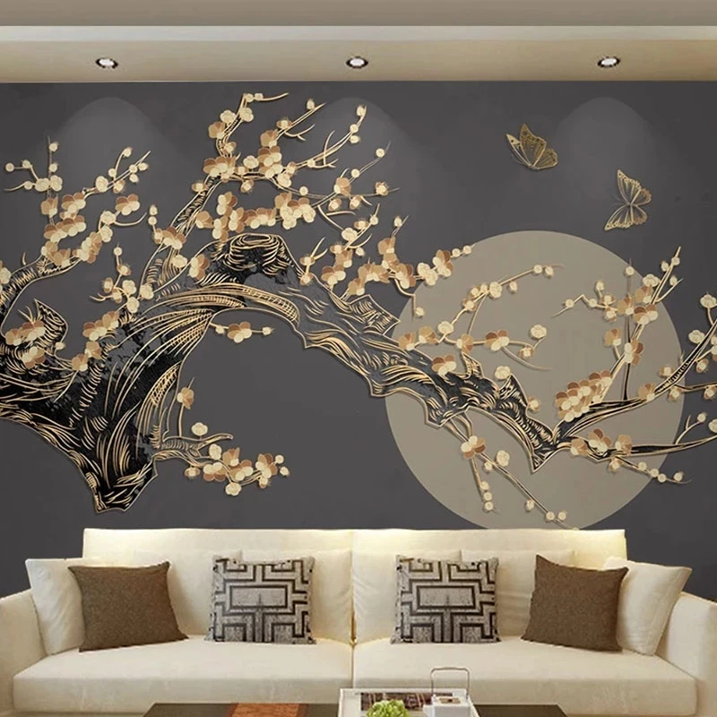 Customized Photo 3D Mural Chinese Plum Blossom Moon Golden Relief Lines Wallpaper Living room TV background wall restaurant tree