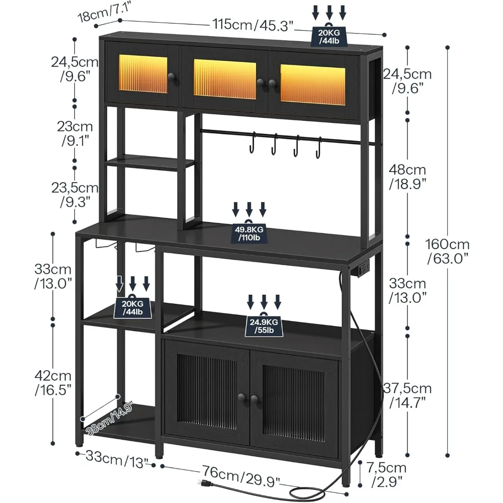 Rak Roti dengan Stopkontak dan Lampu LED, Dudukan Microwave 45.3 Inci dengan Rak, Kabinet Bar Kopi dengan Rak Anggur & 4-S Ho