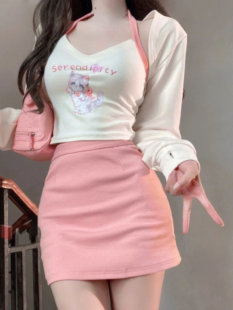 Autunm Japanese Kawaii 3 Piece Set Women Sweet Party Cat Print Mini Skirt Suit Female Casual Cardigans＋Cute Vest＋Pink Skirt 2023