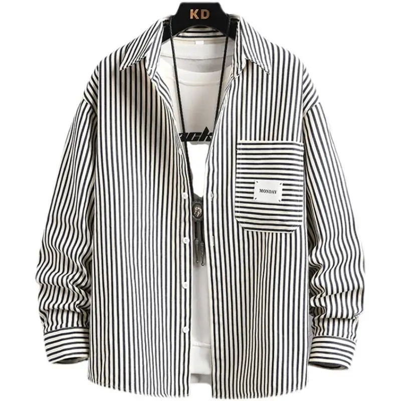 

2023Spring and Autumn Men's Square Neck Striped Button Pocket Korean Edition Casual Fashion Elegant Commuting Long sleeved Shirt