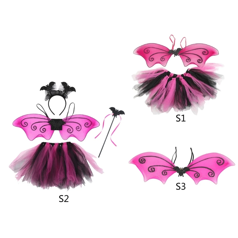 Kids Girls Dress up Cosplays Costume Accessories Wing Skirt Wand Bat Eye Mask Headband Halloween Bat Costume Set