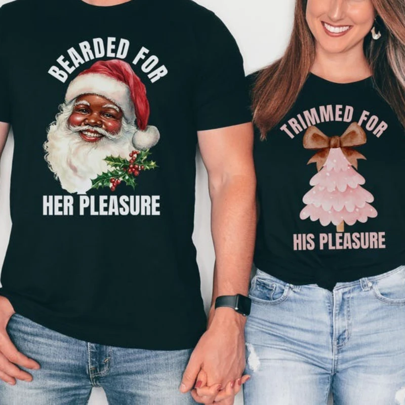 Funny Matching Christmas Couple T-Shirts Raunchy Xmas Tees Beard and Trimmed Black Santa Printed T-shirt Tops Fashion All-match